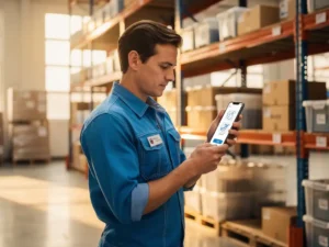 Magazijnmedewerker in blauw uniform bekijkt visuele stap-voor-stap instructies op smartphone bij industriële stellingen in logistiek magazijn.