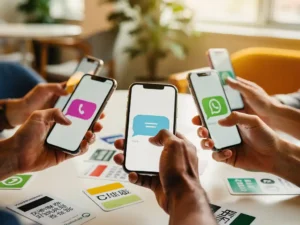 Diverse handen met smartphones met chatberichten in meerdere talen rond een pauzetafel met meertalige instructiekaarten.