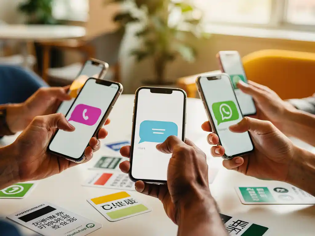 Diverse handen met smartphones met chatberichten in meerdere talen rond een pauzetafel met meertalige instructiekaarten.