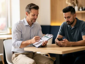 Manager in zakelijke kleding bestudeert trainingsplan op klembord terwijl collega smartphone raadpleegt in modern café-werkruimte.