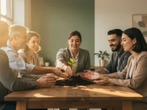 Divers team rond een houten tafel plant samen een groen zaailingje in gedeelde aarde, warm kantoor met middaglicht.