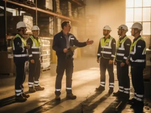 Teamleider met klembord geeft instructies aan werknemers in veiligheidsvesten op een industriële werklocatie in warm ochtendlicht.