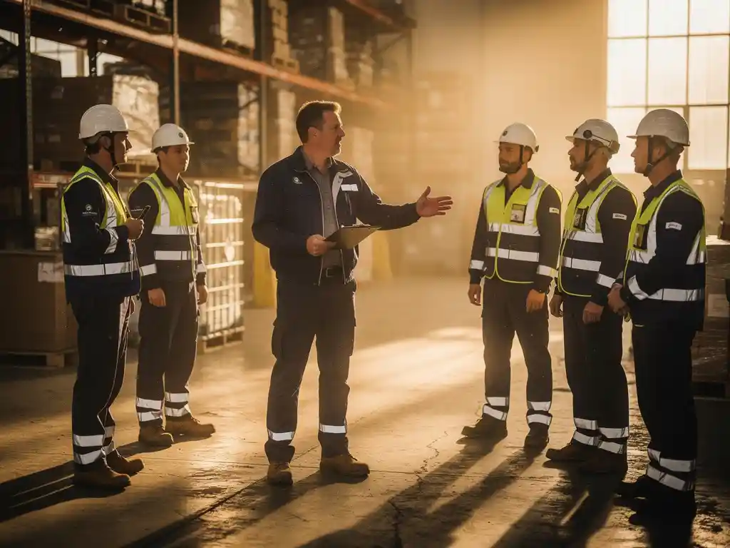 Teamleider met klembord geeft instructies aan werknemers in veiligheidsvesten op een industriële werklocatie in warm ochtendlicht.