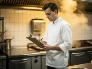 Voedselmedewerker in wit uniform controleert temperatuurlogboek naast roestvrijstalen apparatuur in professionele keuken.