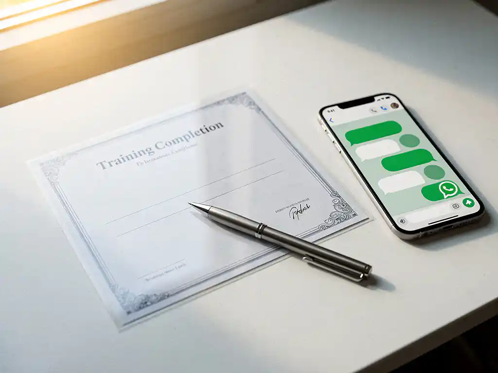 Gelamineerd trainingscertificaat op wit bureau naast smartphone met WhatsApp-gesprek en pen, zachte natuurlijke belichting.