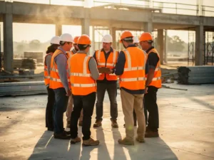 Bouwvakkers in oranje veiligheidsvesten houden een veiligheidsbriefing op een bouwplaats, één werknemer houdt een klembord vast.