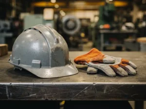 Versleten bouwhelm en veiligheidshandschoen op een stalen werkbank, met industriële machines op de achtergrond.