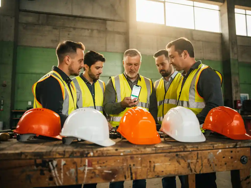 Bouwvakkers in oranje hesjes bij een toolboxmeeting, één houdt mobiel met veiligheidscheck op WhatsApp, betonnen industriële achtergrond.