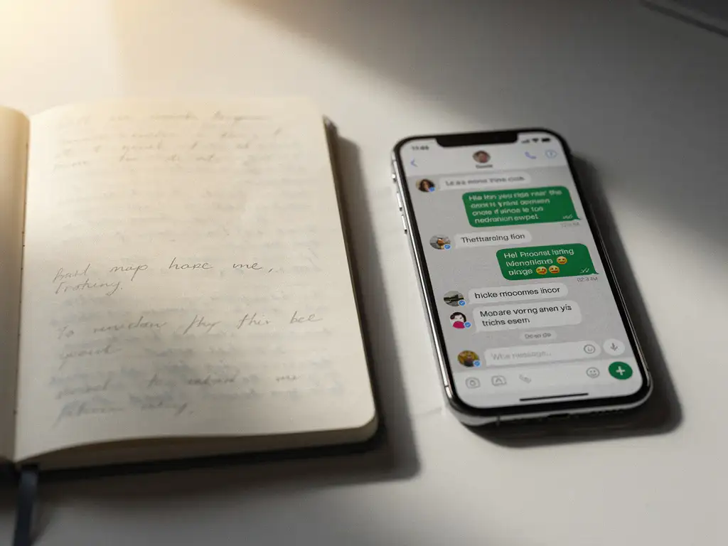 Opengeslagen notitieboek met vervaagde handgeschreven aantekeningen naast een smartphone met een WhatsApp-gesprek op een modern bureau.