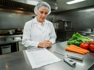 Voedselveiligheidssupervisor controleert HACCP-checklist op roestvrijstalen keukenblad met verse groenten en temperatuurmeter.