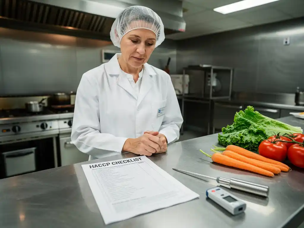Voedselveiligheidssupervisor controleert HACCP-checklist op roestvrijstalen keukenblad met verse groenten en temperatuurmeter.