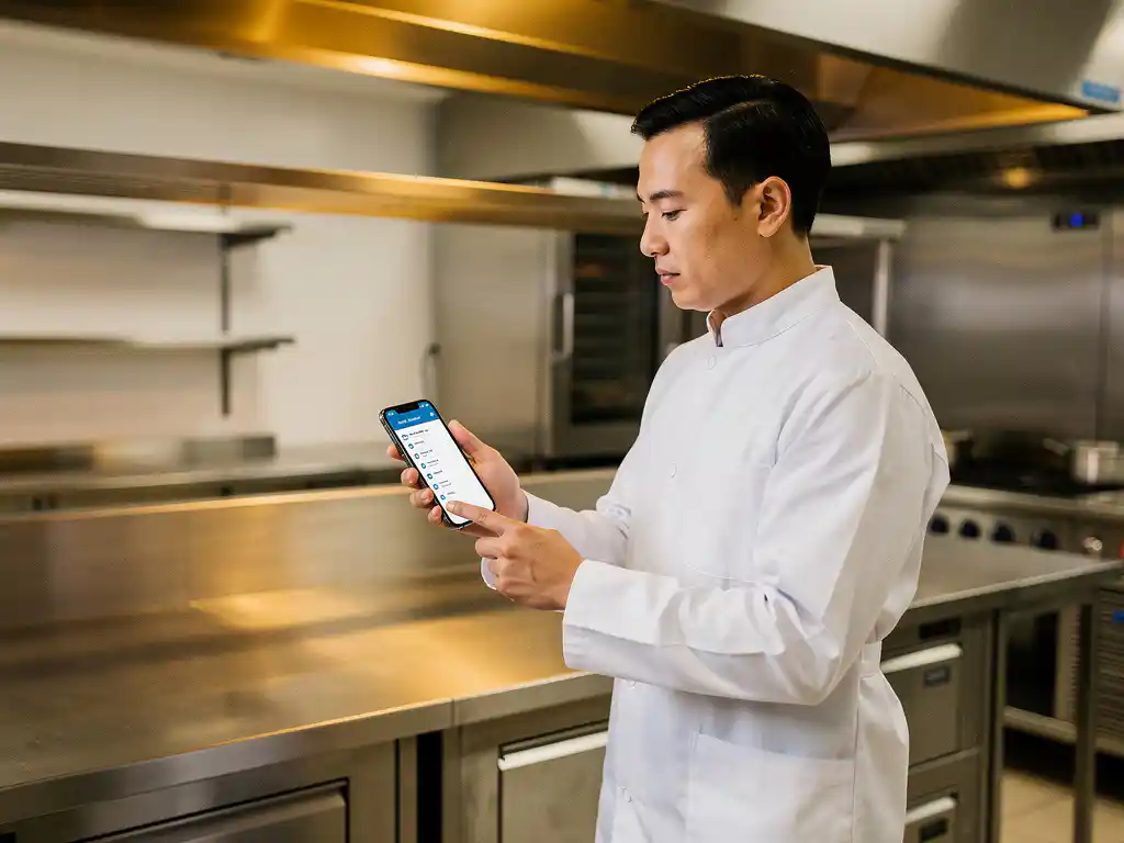 Voedselveiligheidscontroleur in witte jas bekijkt digitale checklist op smartphone in professionele roestvrijstalen keuken.