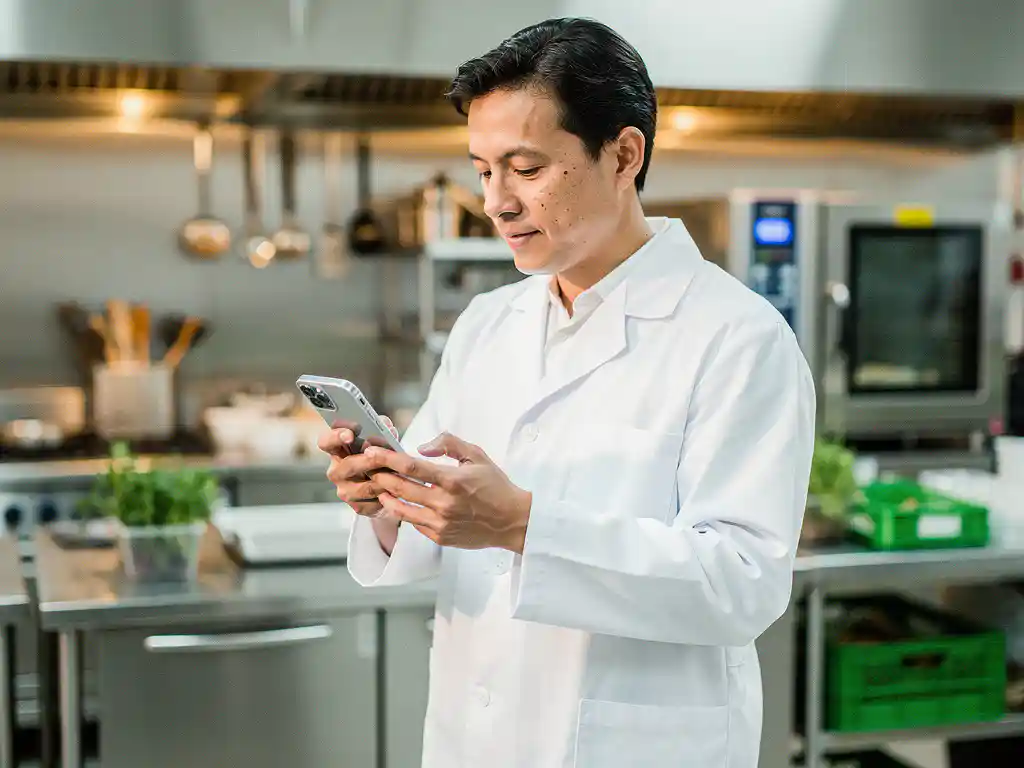 Voedselveiligheidsinspecteur in witte jas controleert digitale checklist op smartphone in professionele commerciële keuken.