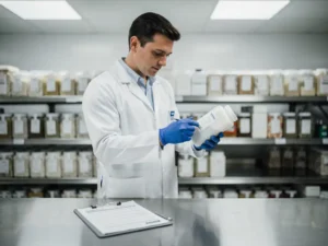 Voedselveiligheidsinspecteur in witte jas en blauwe handschoenen controleert productetiketten op keukenschap met verpakte goederen.