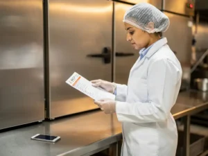 Voedselveiligheidscontroleur in witte jas beoordeelt HACCP-checklist naast roestvrijstalen keukenapparatuur met smartphone op aanrecht.