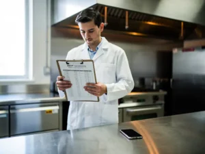 Voedselveiligheidscontroleur in witte jas bestudeert HACCP-temperatuurlogboek in roestvrijstalen professionele keuken.