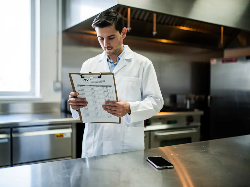 Voedselveiligheidscontroleur in witte jas bestudeert HACCP-temperatuurlogboek in roestvrijstalen professionele keuken.