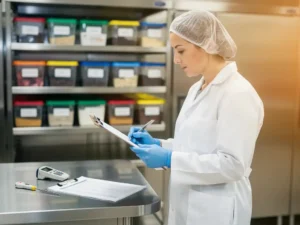 Voedselveiligheidsinspecteur in witte jas controleert klembord met checklist in roestvrijstalen commerciële keuken.