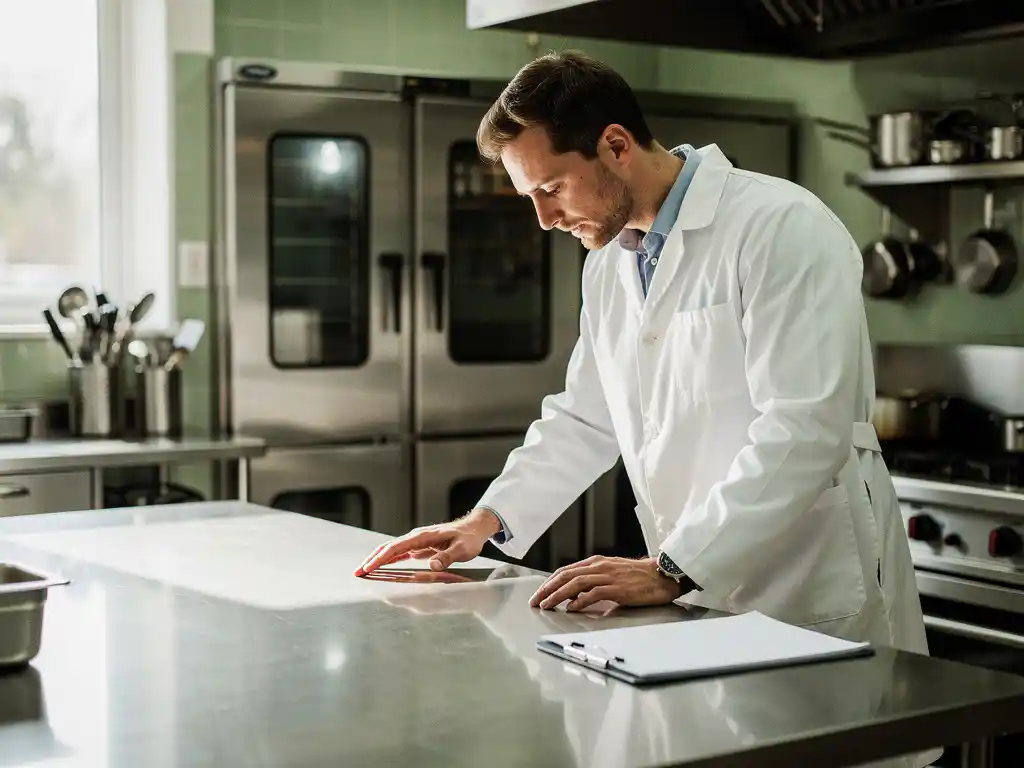 Voedselveiligheidsinspecteur in witte jas controleert roestvrijstalen werkblad in commerciële keuken met klembord.