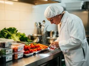 Voedselveiligheidsinspecteur in witte jas en haarnet inspecteert roestvrijstalen werkblad met groenten en gelabelde containers.