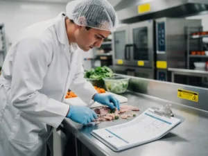 Voedselveiligheidsinspecteur in witte jas en blauwe handschoenen inspecteert commerciële keuken met roestvrijstalen klembord en checklist.