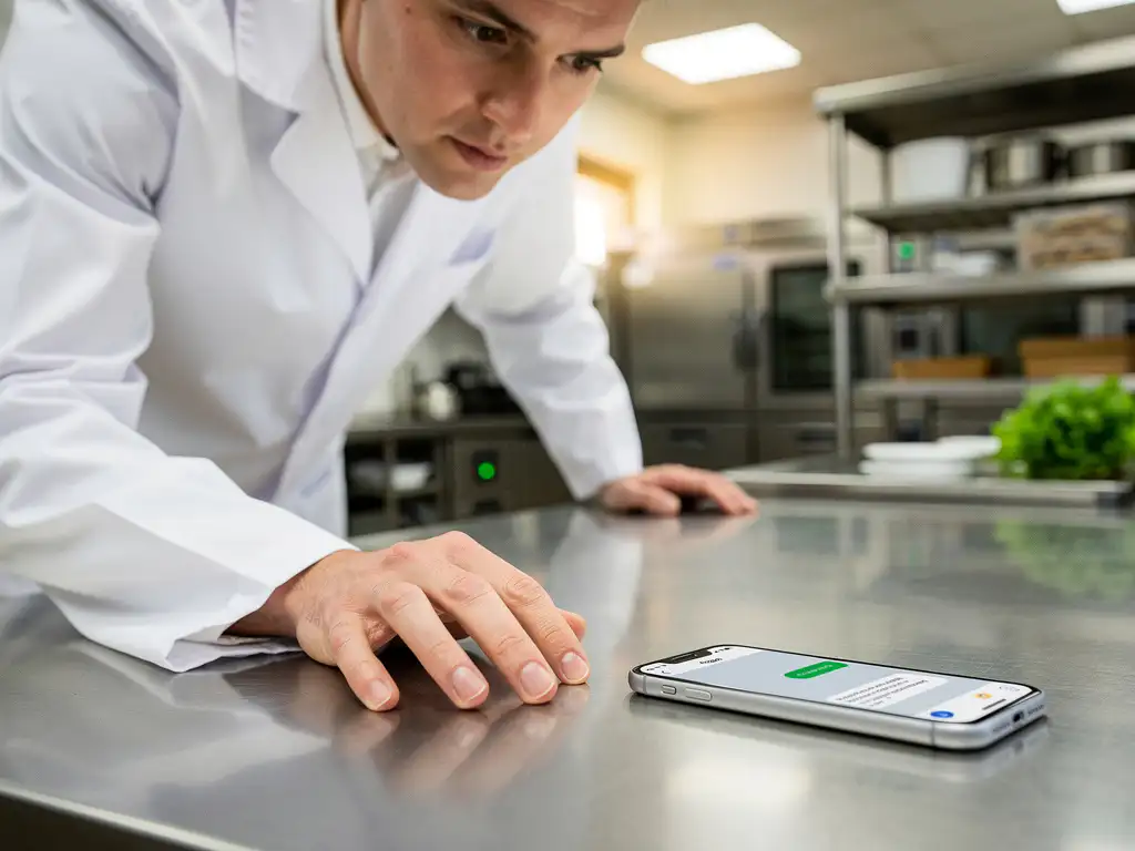 Voedselveiligheidscontroleur in witte jas inspecteert roestvrijstalen keukenoppervlak met smartphone in professionele keuken.