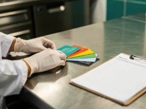 Voedselveiligheidsinspecteur in handschoenen rangschikt kleurgecodeerde protocoolkaarten op roestvrijstalen keukenoppervlak naast klembord.