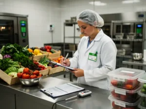 Voedselveiligheidsinspecteur in witte jas en haarnet controleert temperatuurlogboeken op roestvrijstalen keukentoonbank met verse producten.