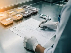 Voedselveiligheidsinspecteur in witte handschoenen controleert temperatuurlogboeken op roestvrijstalen keukenblad met digitale thermometer.