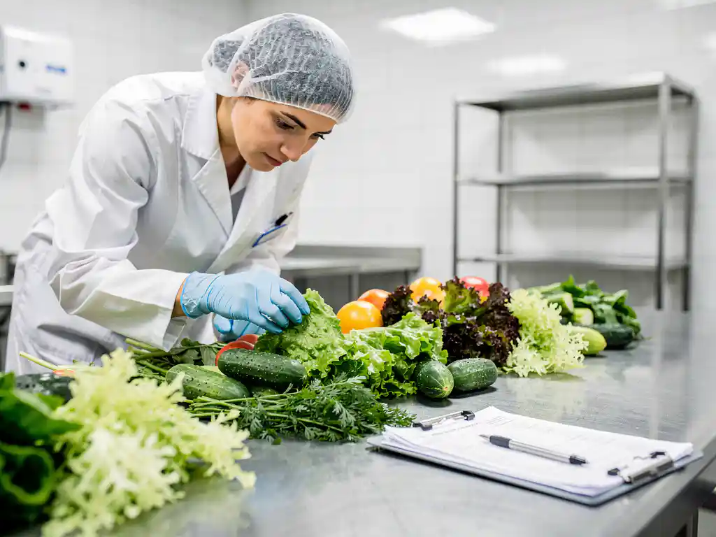 Voedselveiligheidsinspecteur in witte jas onderzoekt verse groenten op roestvrijstalen keukentafel met klembord nearby.