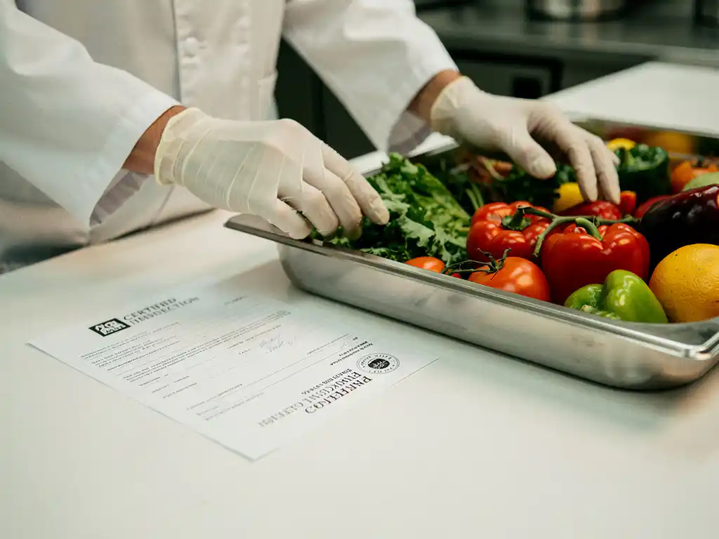 Gehandschoende voedselmedewerker plaatst keuringsdocument naast roestvrijstalen dienblad met verse groenten in commerciële keuken.
