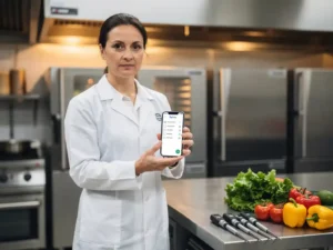 Voedselveiligheidsinspecteur in witte labjas controleert digitale checklist op smartphone in professionele roestvrijstalen keuken.