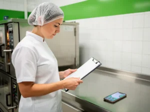 Nieuwe medewerker in witte uniform en haarnet controleert temperatuurlogboek in professionele roestvrijstalen keuken.