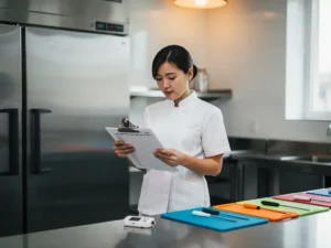 Nieuwe medewerker in witte keukenuniform bestudeert temperatuurlogboek naast roestvrijstalen apparatuur met digitale thermometer en snijplanken.