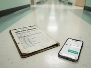 Versleten klembord met inspectielijst op ziekenhuisvloer naast smartphone met WhatsApp-gesprek, zachte institutionele verlichting.