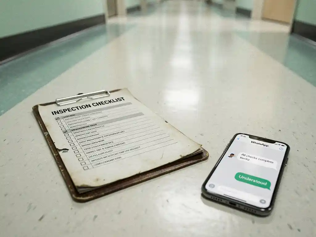 Versleten klembord met inspectielijst op ziekenhuisvloer naast smartphone met WhatsApp-gesprek, zachte institutionele verlichting.