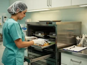 Zorgmedewerker met handschoenen plaatst gelabelde maaltijdschaal in roestvrijstalen kar in ziekenhuiskeuken, temperatuurlogboek op aanrecht.