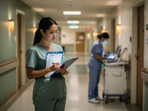 Supervisor in ziekenhuisgang met klembord controleert checklist terwijl medewerker op achtergrond procedure uitvoert.