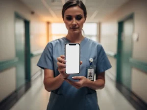 Zorgverlener in klinische gang raadpleegt stap-voor-stap instructies op smartphone, scrubs op scherp in warme amberkleurige verlichting.