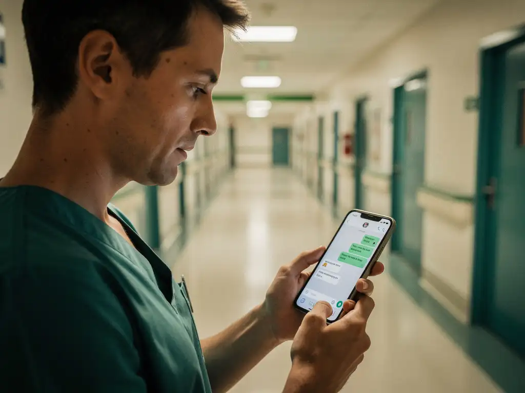 Zorgverlener in scrubs bekijkt smartphone in ziekenhuisgang, zachte teal en witte tinten op de achtergrond.