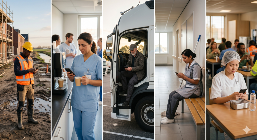 Vijf medewerkers zonder vaste werkplek — bouwvakker, verpleegkundige, vrachtwagenchauffeur, schoonmaker en voedingssector medewerker — kijken tijdens hun pauze op hun smartphone