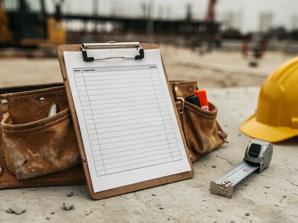Versleten klembord met inspectielijst tegen een leren werkriem op een bouwplaats, gele helm en meetlint op betonnen ondergrond.