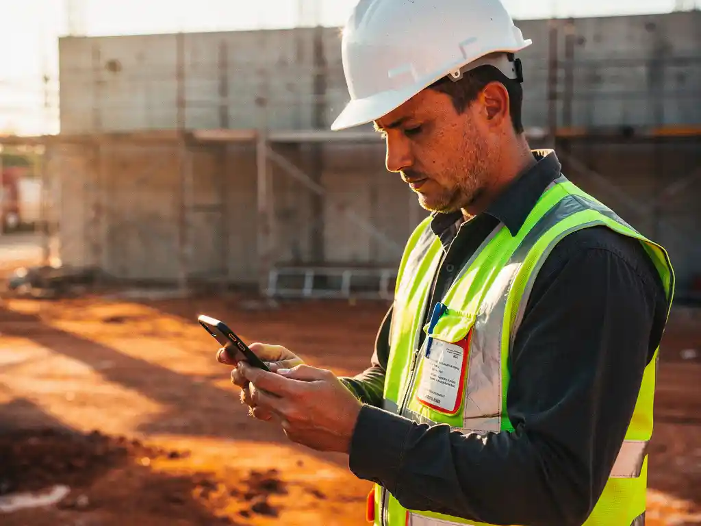 Bouwvakker met helm en veiligheidsvest leest onboardinginstructies op smartphone op actieve bouwplaats met steigers op de achtergrond.
