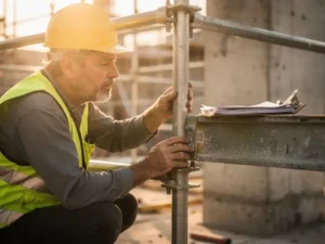 Bouwvakker in oranje veiligheidsvest inspecteert steigerverbindingen op bouwplaats, klembord op stalen balk, gouden middaglicht.