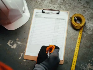 Worker's gloved hand completing an inspection checklist on a clipboard beside a hard hat and measuring tape on a concrete industrial floor.