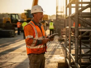 Site foreman in high-visibility vest and hard hat inspecting metal scaffolding at golden hour, clipboard in hand, construction workers in background.