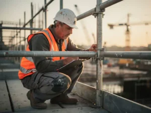 Construction site inspector crouching to examine a steel scaffolding joint at eye level, wearing hard hat and high-visibility vest in morning light.