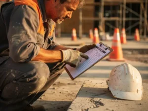Weathered construction worker crouching on a job site, reviewing a printed inspection checklist on a clipboard, safety cones and scaffolding in background.