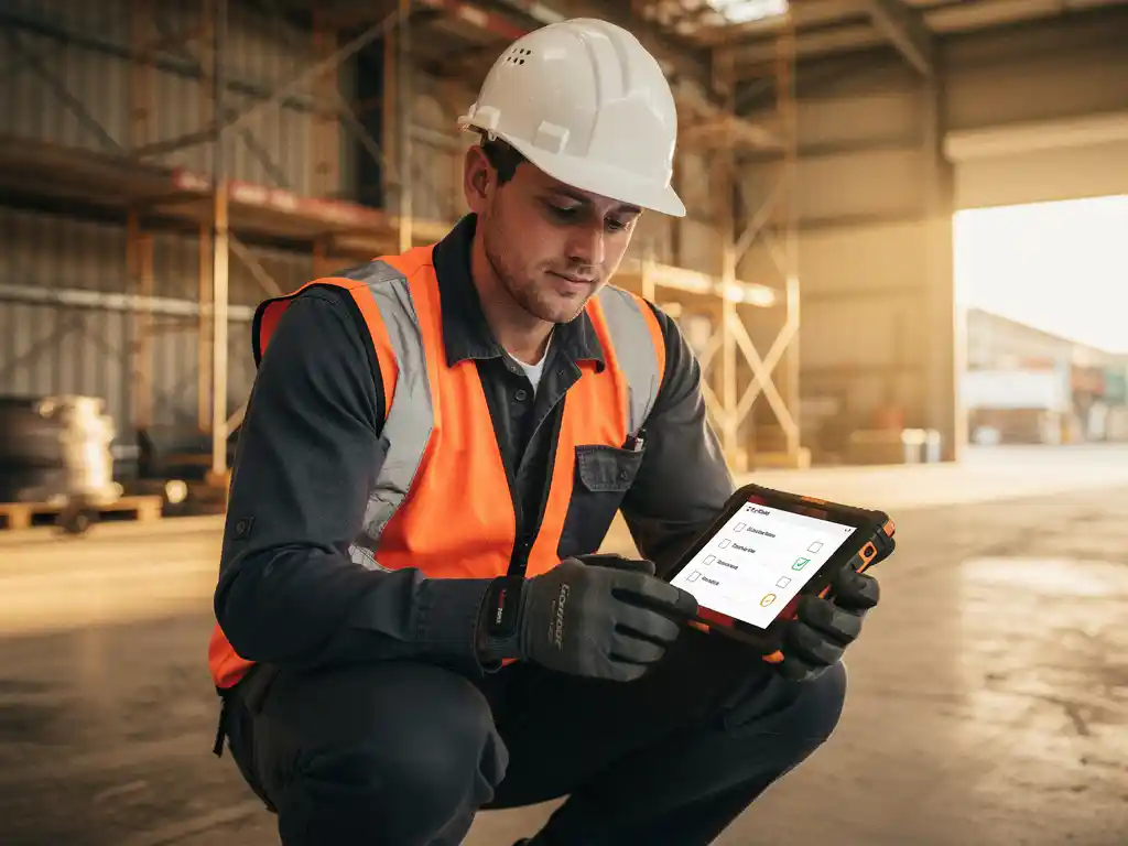 Construction worker in hard hat crouching on job site, reviewing digital checklist on rugged tablet, steel scaffolding in background.