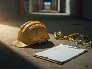 Cracked yellow hard hat abandoned on dusty concrete beside an unsigned inspection clipboard, with caution tape draped nearby in a dim industrial corridor.